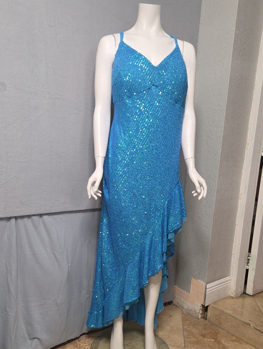 Morgan & Co. Turquoise Sequin High-Low Slip Dress